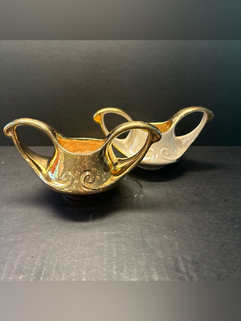 Vintage Pearl China Iridescent Lusterware & 22K Ditzy Gold Sugar Bowl Set of 2
